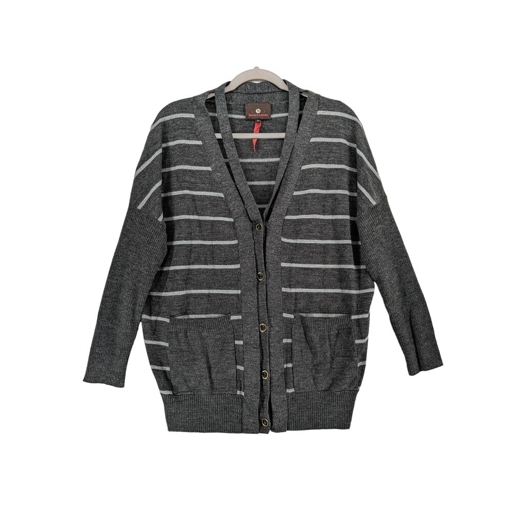 Heartloom‎ Button Cardigan M Gray White Striped Boyfriend Ribbed Cutout Everyday